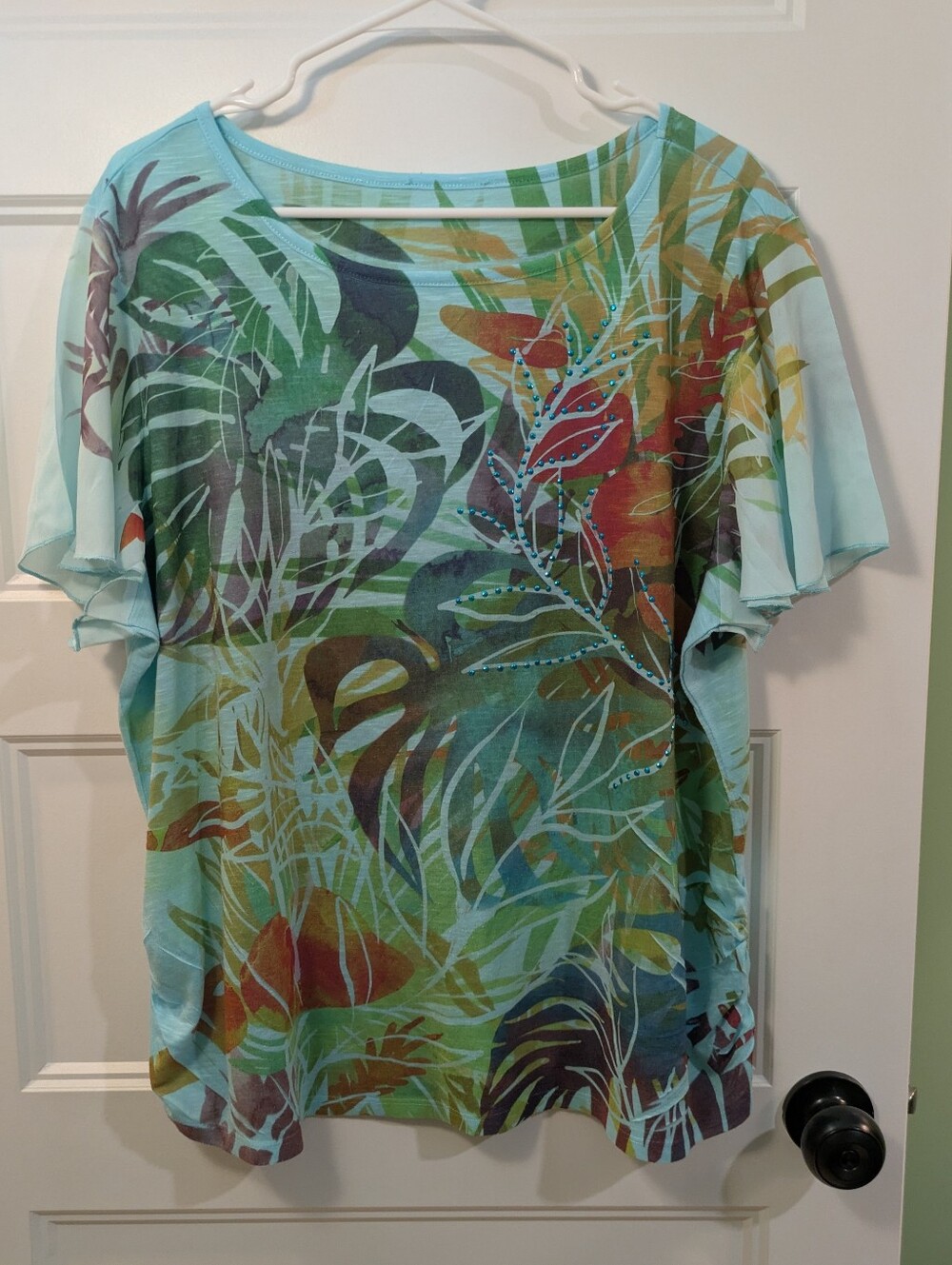 Women’s Aqua Tropical Leaf Short Sleeve Tee